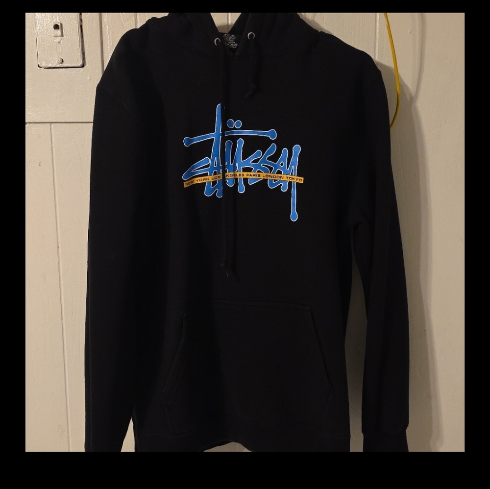 Stussy Black Sweater with Blue and Yellow Logo